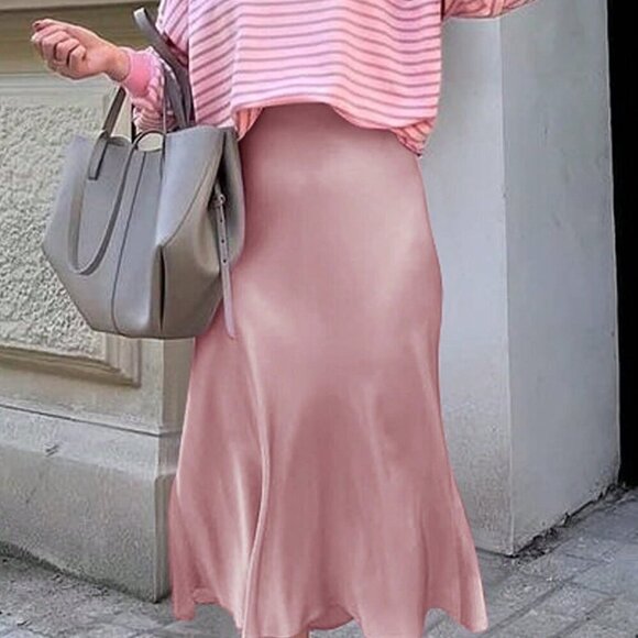 Dresses & Skirts - Pink Casual Women's Elastic High Waist Satin Zipper Back Mermaid Hem Skirt